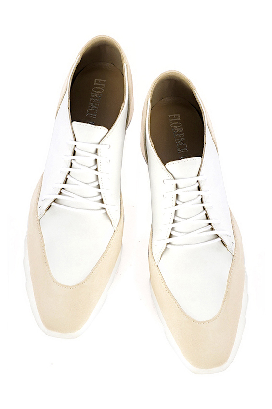 Champagne beige and off white women's casual lace-up shoes. Square toe. Low rubber soles. Top view - Florence KOOIJMAN